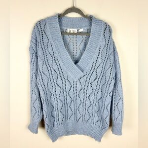BARBARA SUE Mohair Lace Knit V-Neck Sweater Oversized Size Small Light Blue